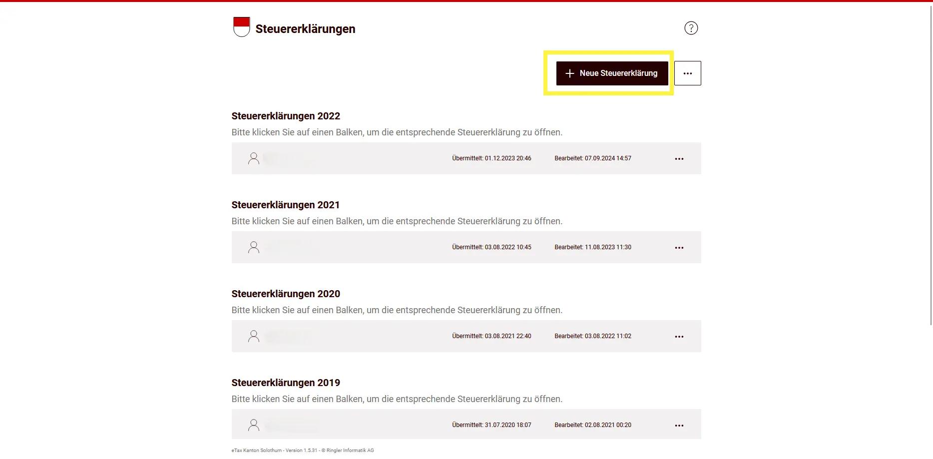 Aperçu des déclarations de revenus précédentes avec l'option 'Créer une nouvelle déclaration de revenus'