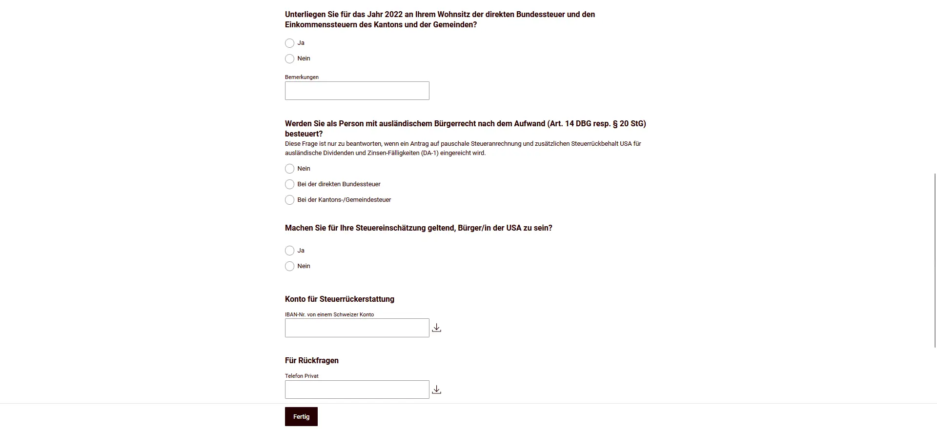 Questions sur l'obligation fiscale, la citoyenneté étrangère et le compte pour le remboursement des impôts