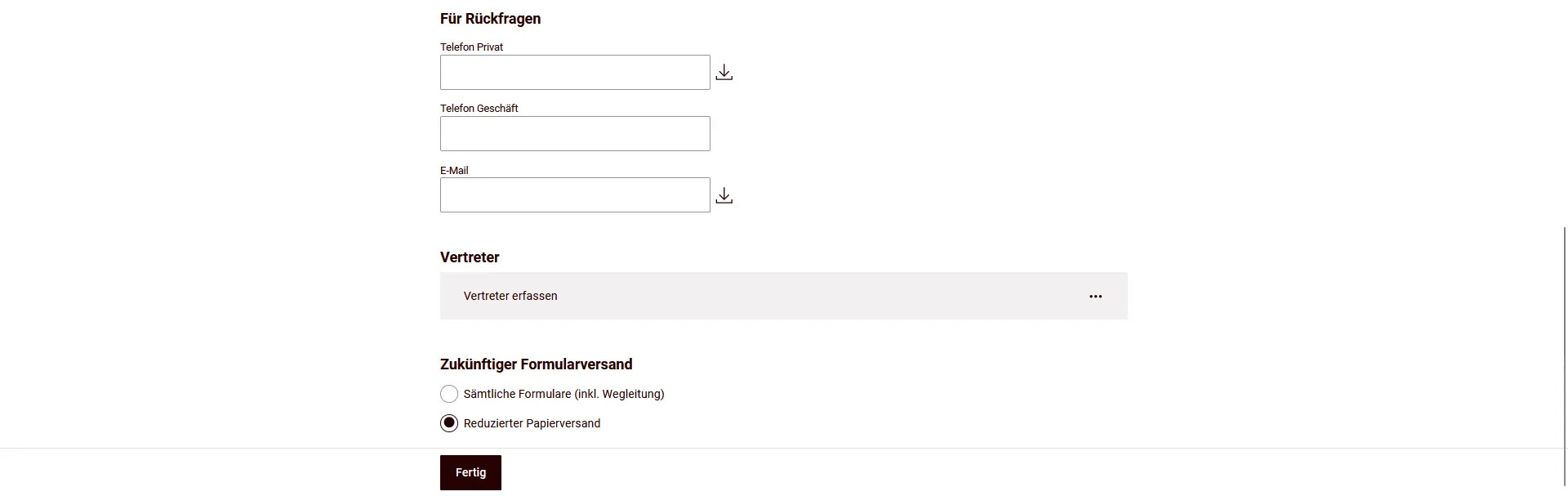 Coordonnées pour les demandes de renseignements et la sélection pour l'envoi futur du formulaire