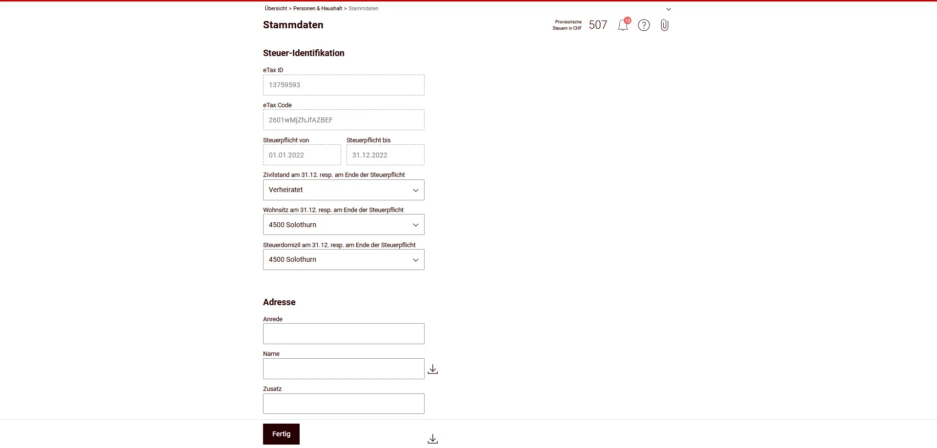 Données de base de la déclaration d'impôt avec identification fiscale, état civil et domicile