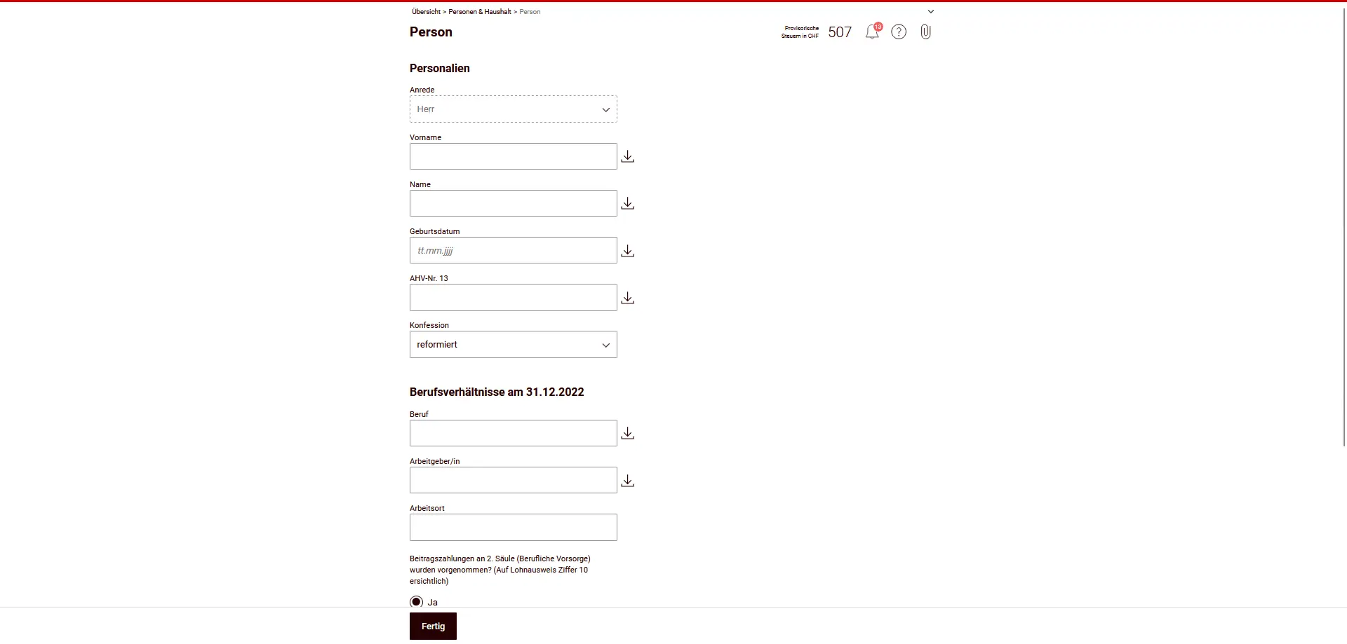 Saisie des données personnelles d'une personne imposable, y compris le numéro AVS et la profession
