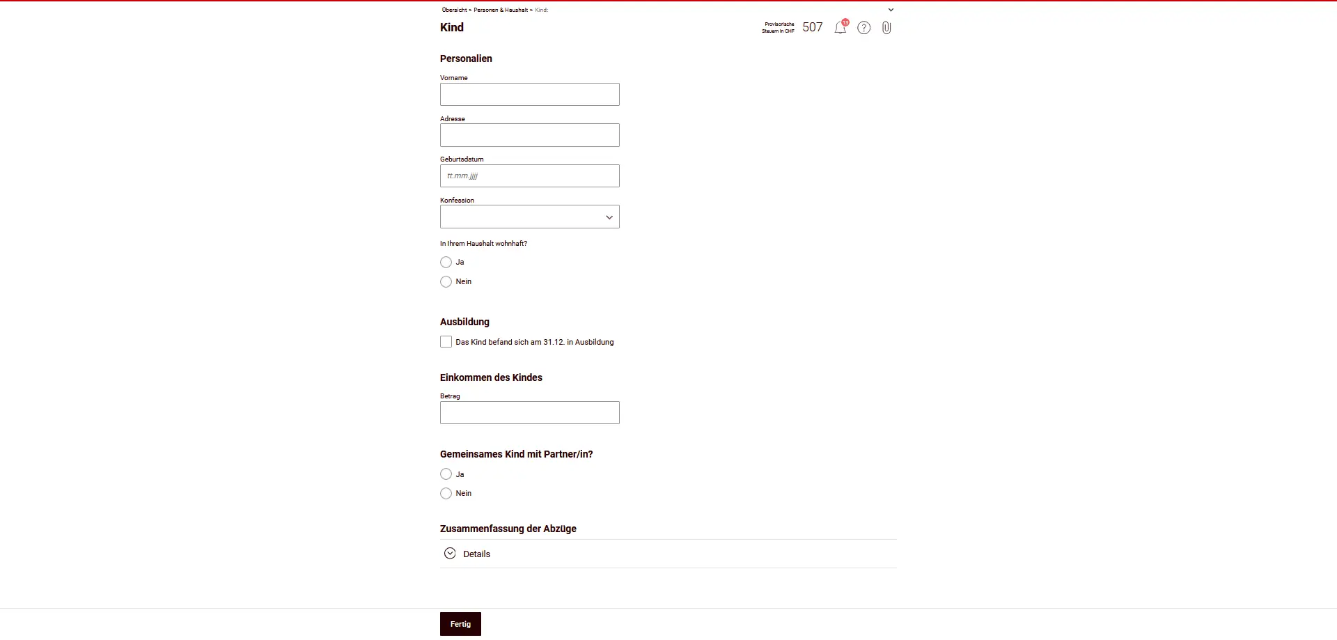 Saisie d'un enfant avec des informations sur sa formation, ses revenus et son appartenance à un ménage
