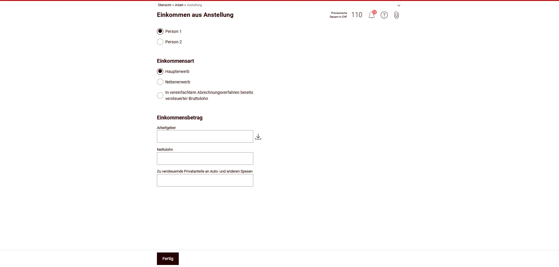 Masque de saisie pour revenu d'emploi avec employeur et salaire net