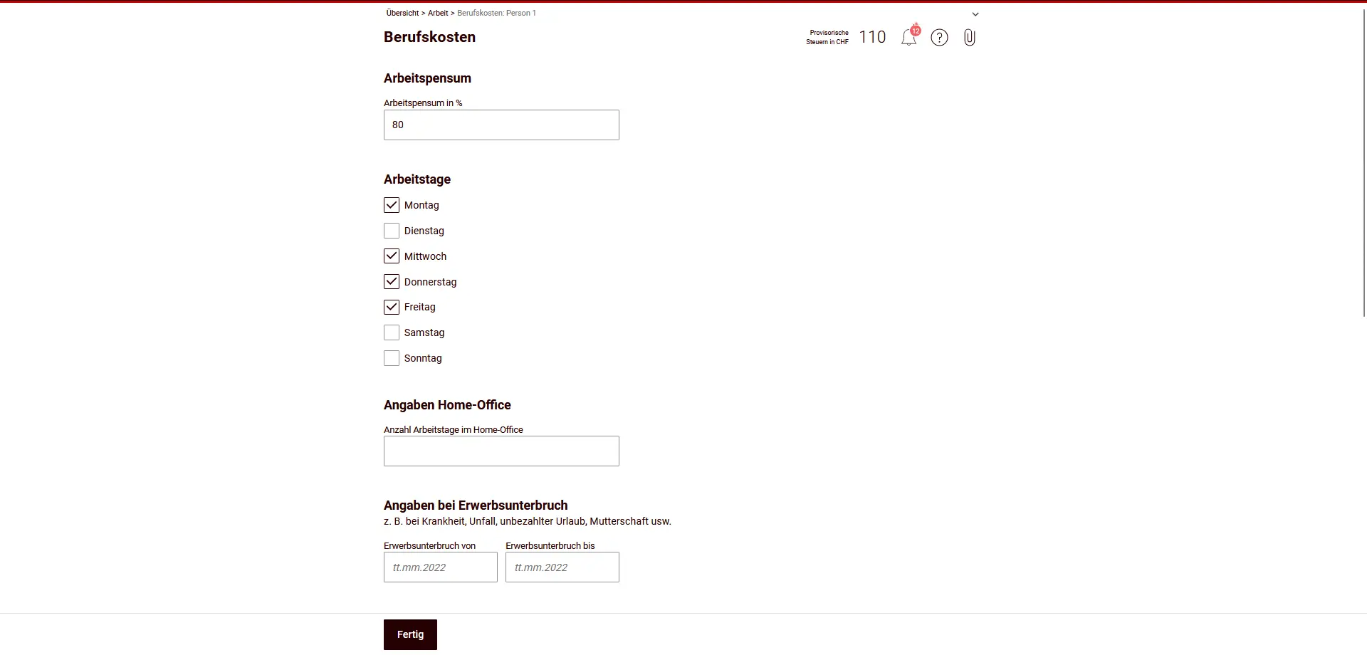 Indications sur la charge de travail, les jours de travail et le home office pour le calcul des frais professionnels