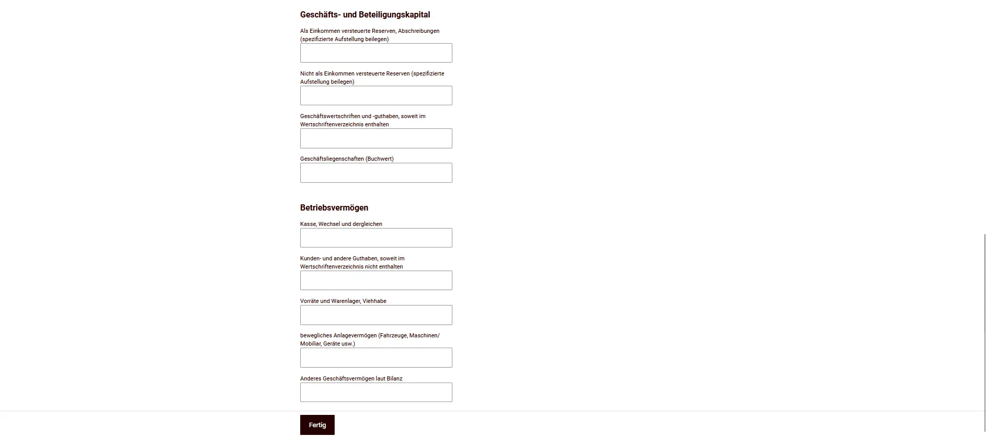 Capital commercial et capital de participation ainsi que capital d'exploitation avec postes de fortune détaillés