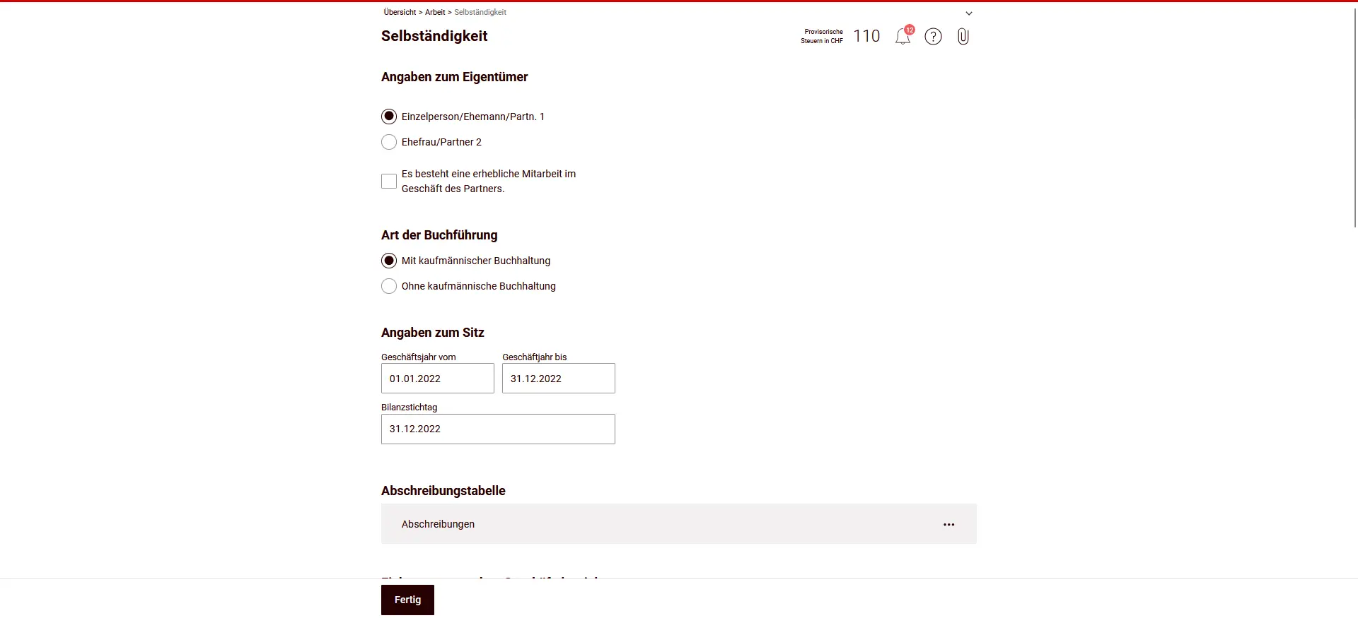 Données sur l'activité indépendante avec propriétaire, type de comptabilité et exercice comptable