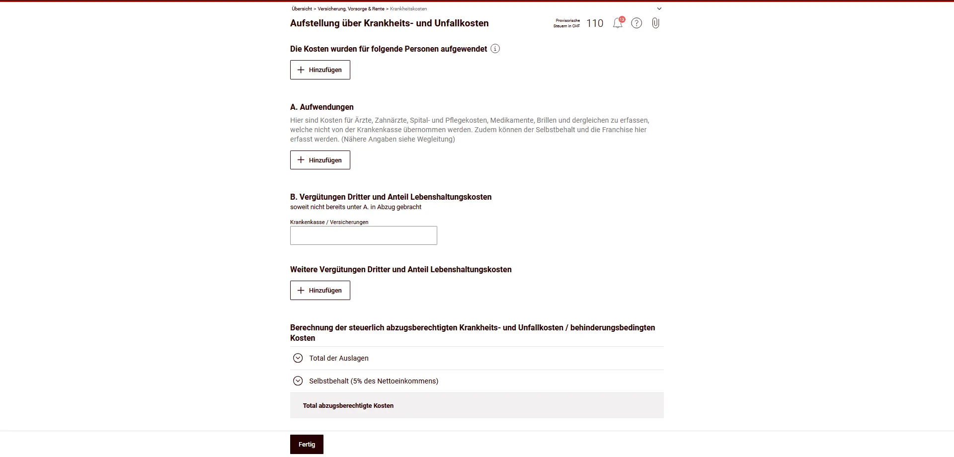 Liste des frais de maladie et d'accident avec franchise et dépenses déductibles des impôts