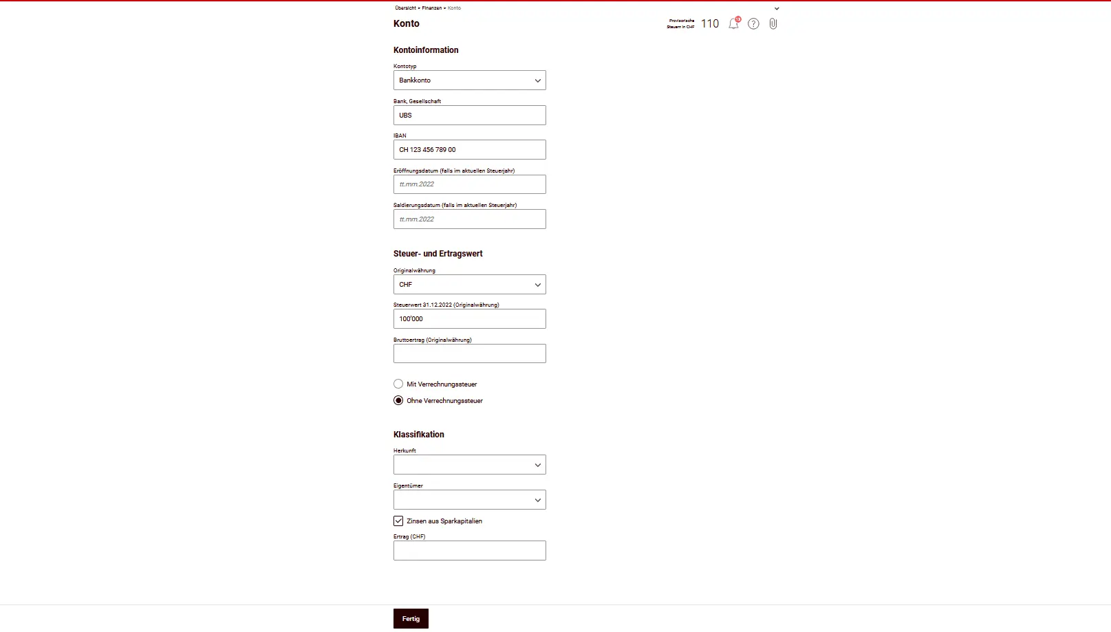 Saisie d'un compte bancaire avec IBAN, valeur fiscale et revenus d'intérêts