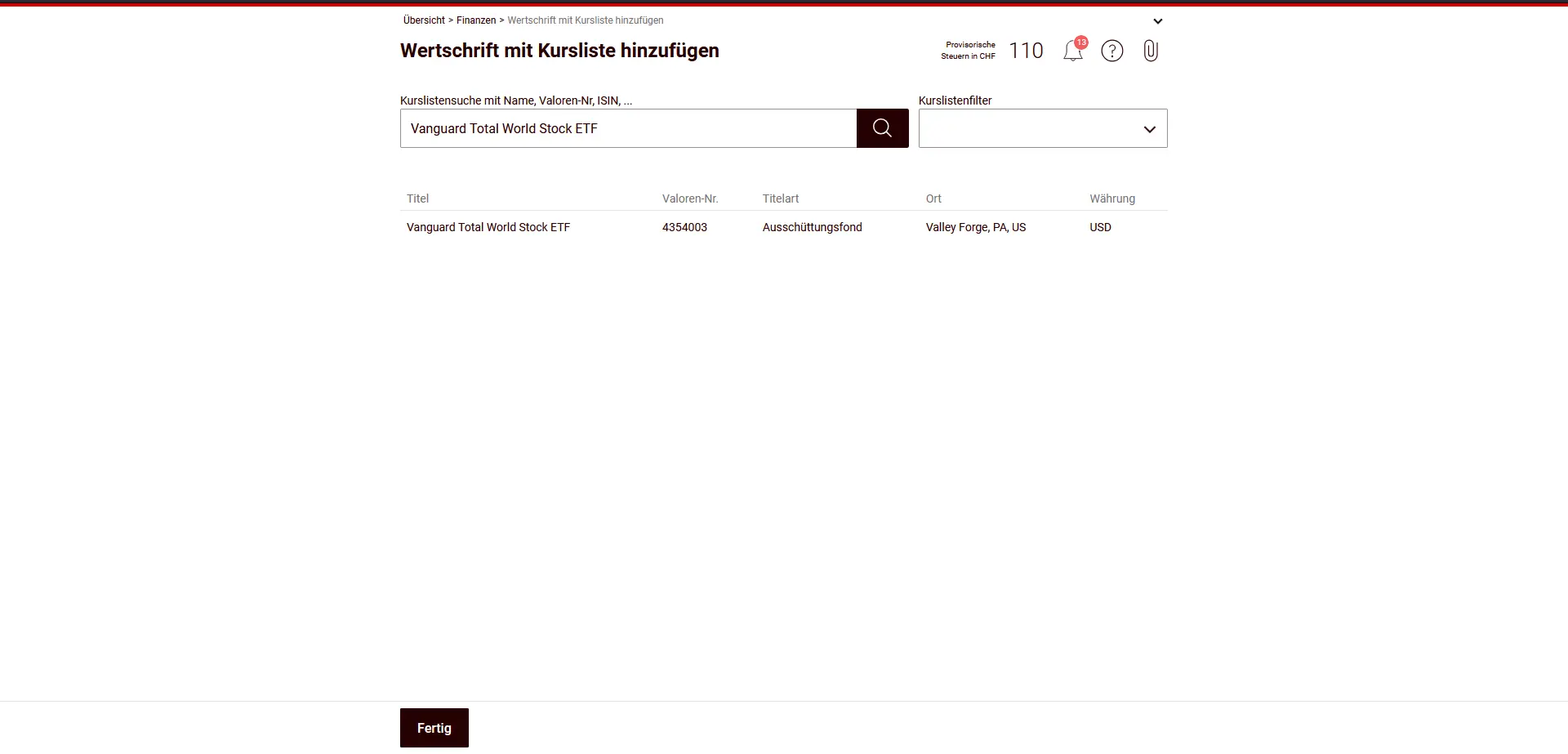 Ajouter un titre via la liste des cours avec recherche par nom, numéro de valeur ou ISIN