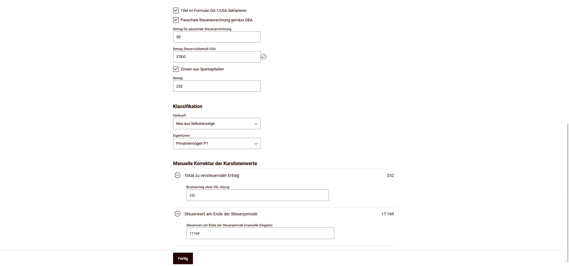 Détails d'un titre américain avec crédit d'impôt forfaitaire et indications DA-1