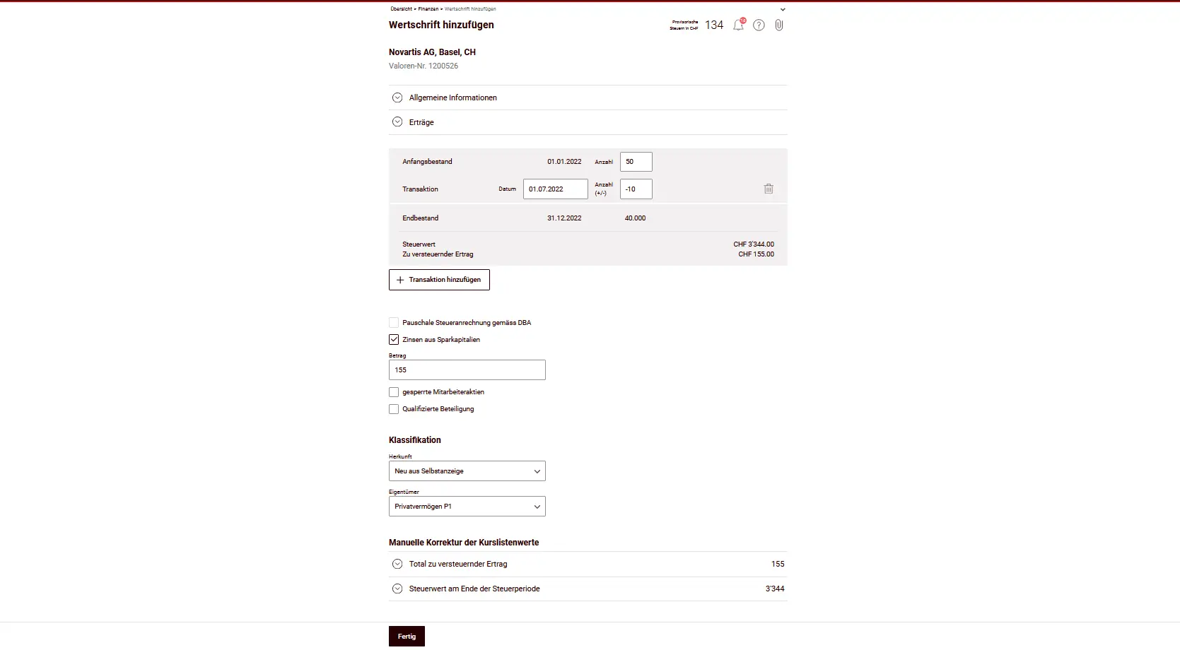 Saisie d'un titre avec la quantité, les transactions et le revenu imposable