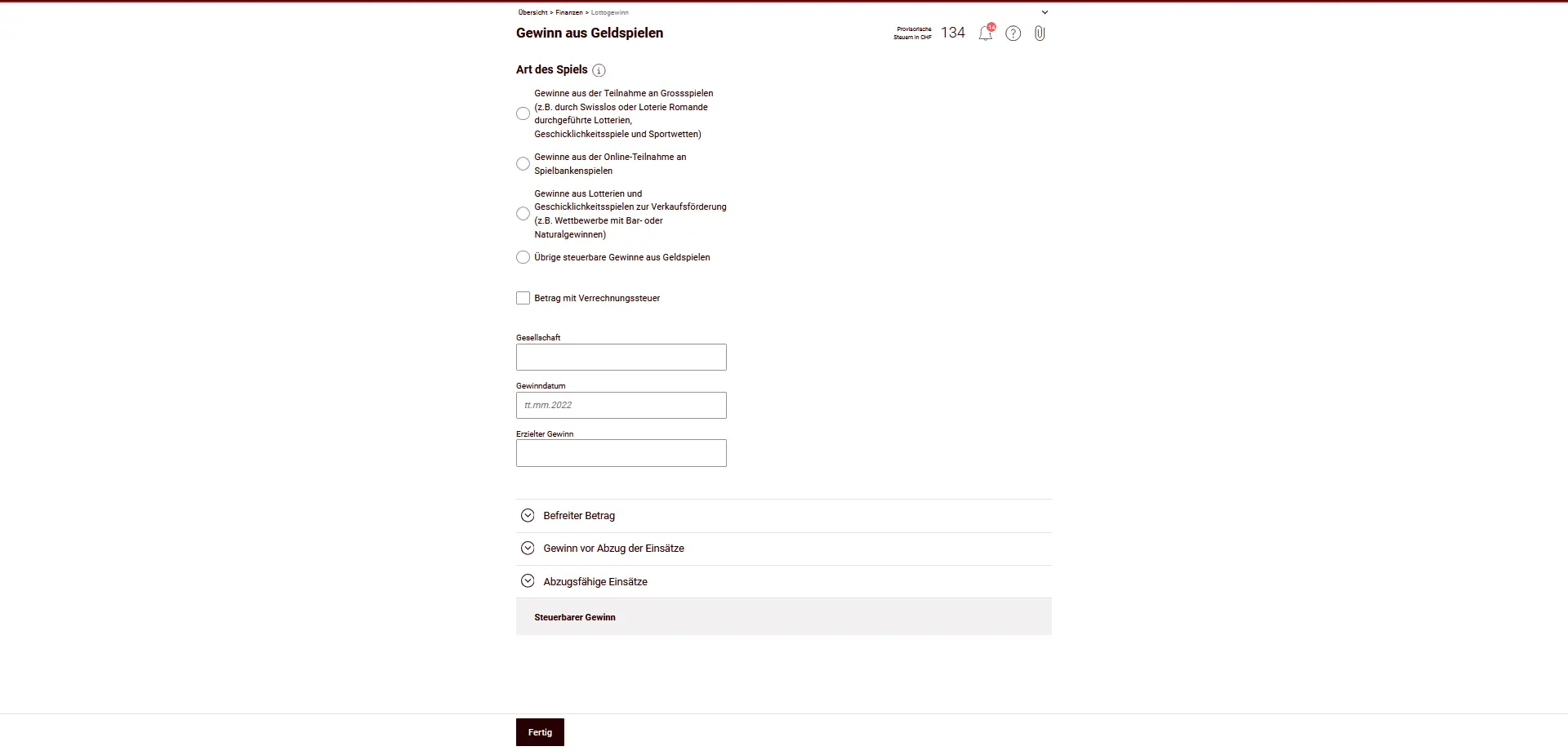 Masque de saisie des gains imposables des jeux d'argent avec sélection du type de jeu et du montant des gains