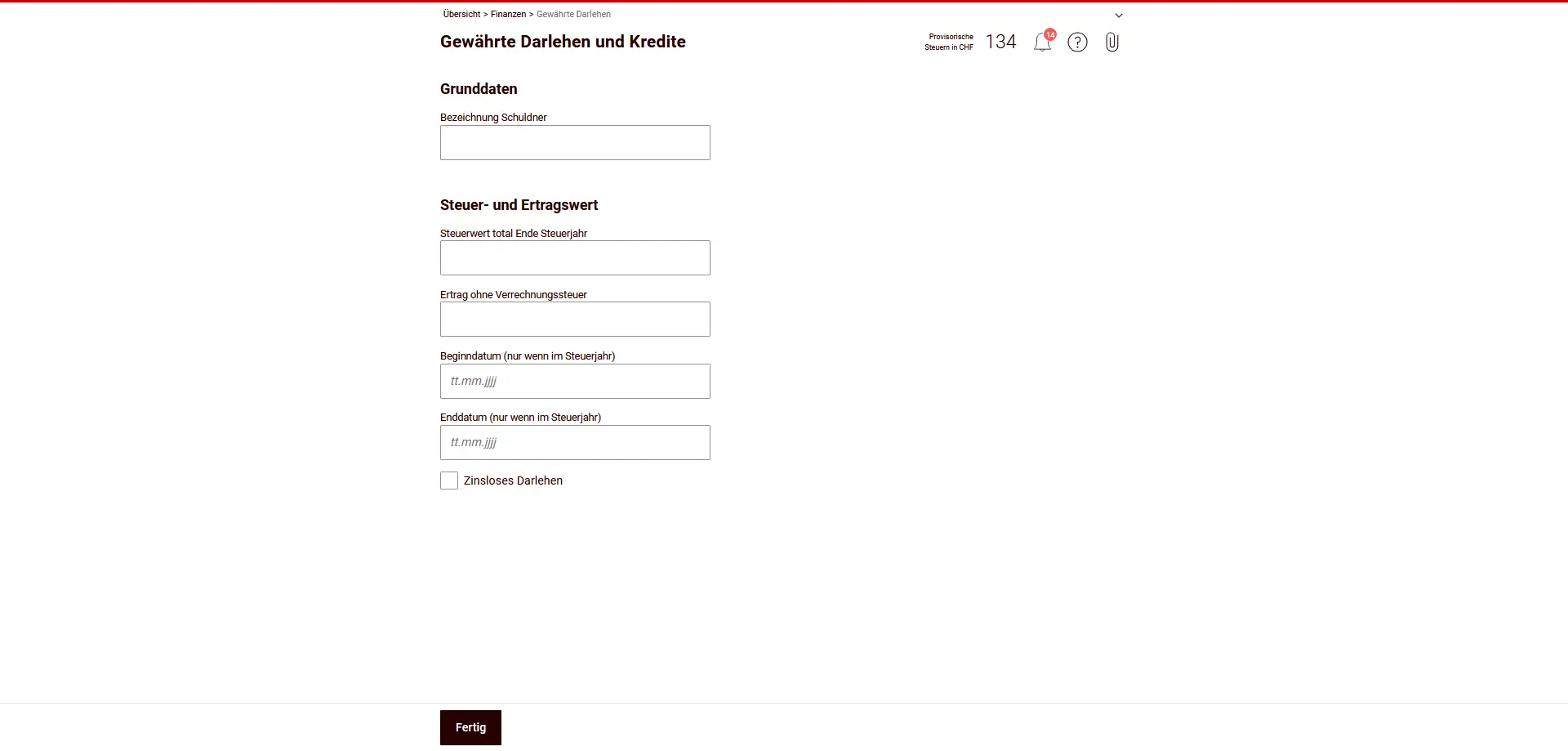 Formulaire de déclaration des prêts et crédits accordés avec valeurs fiscales et de rendement