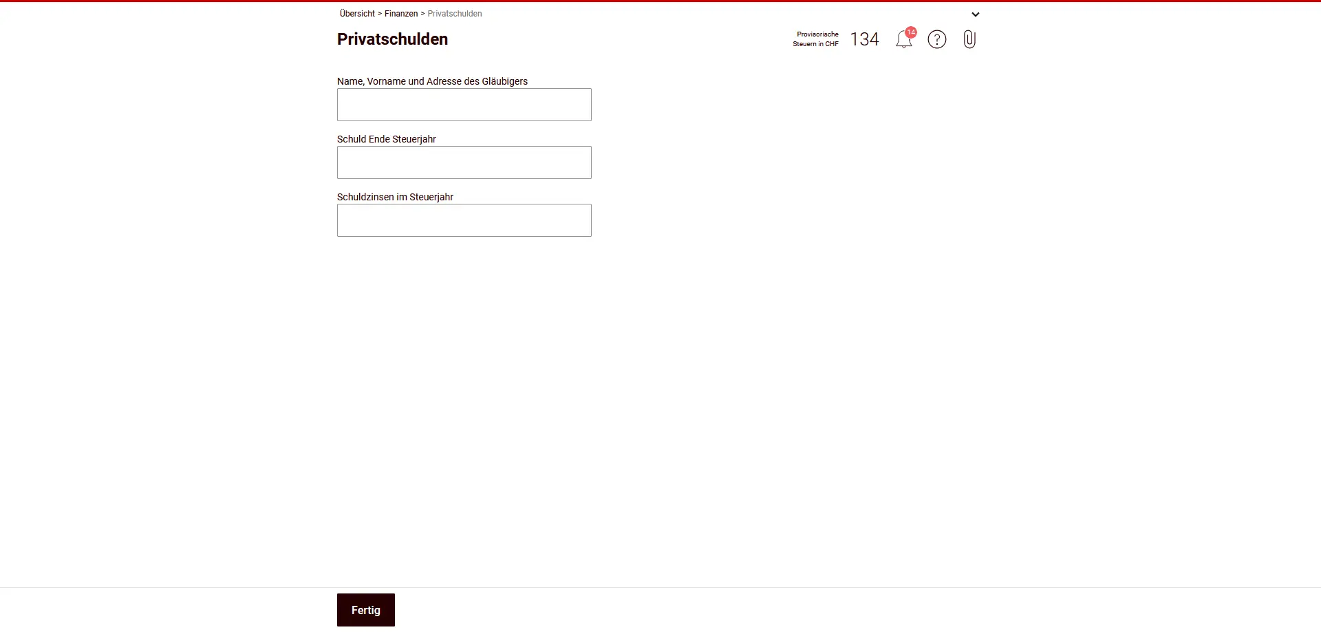 Saisie des dettes privées avec les coordonnées du créancier, le montant de la dette et les intérêts débiteurs