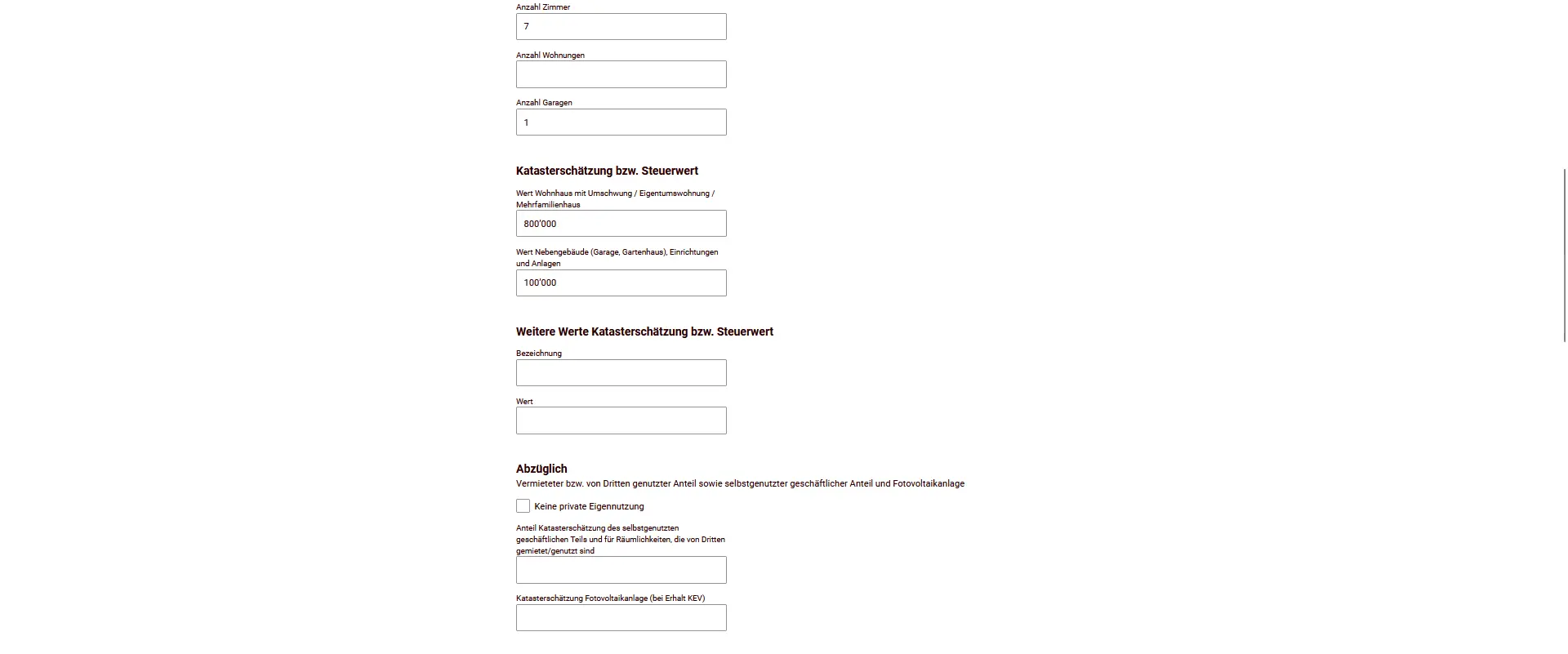 Données sur l'immeuble: nombre de pièces, d'appartements, de garages et valeur cadastrale