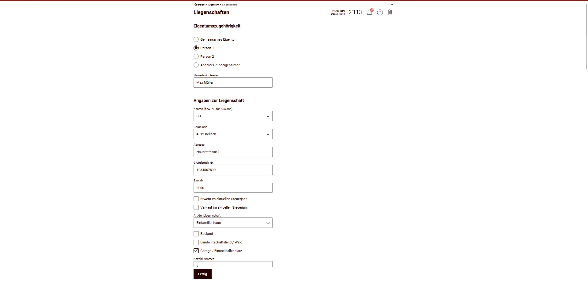 Formulaire de saisie d'un bien immobilier avec propriété, adresse et année de construction