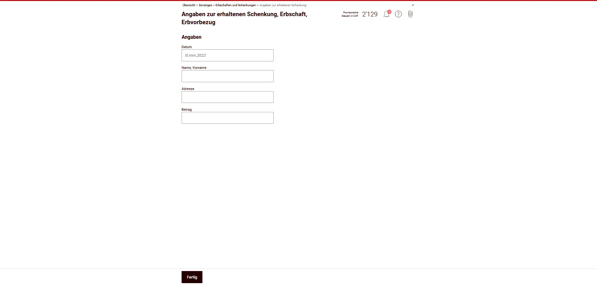 Masque de saisie pour les donations reçues, les héritages ou les avantages successoraux