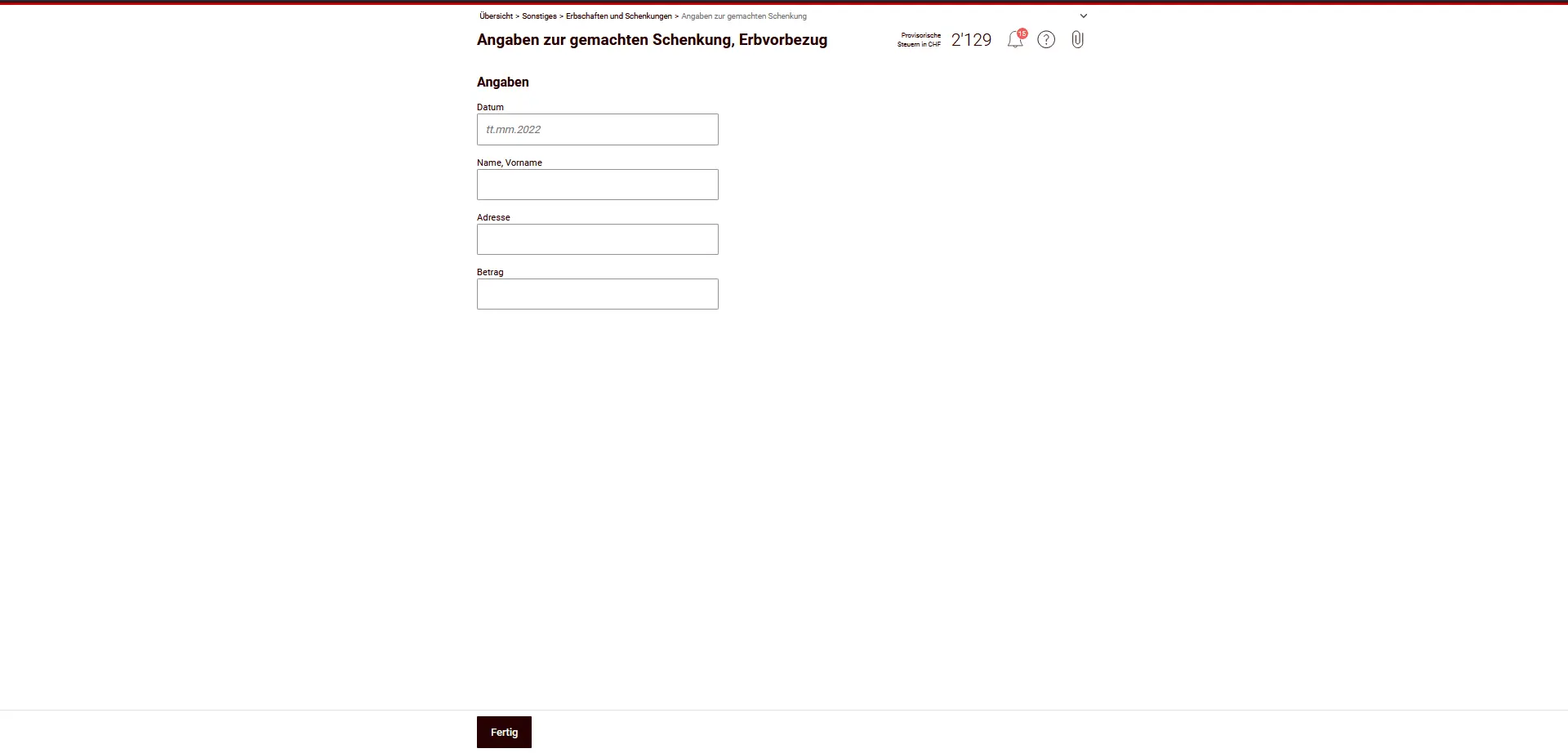 Formulaire de saisie des donations faites ou des avancements d'hoirie