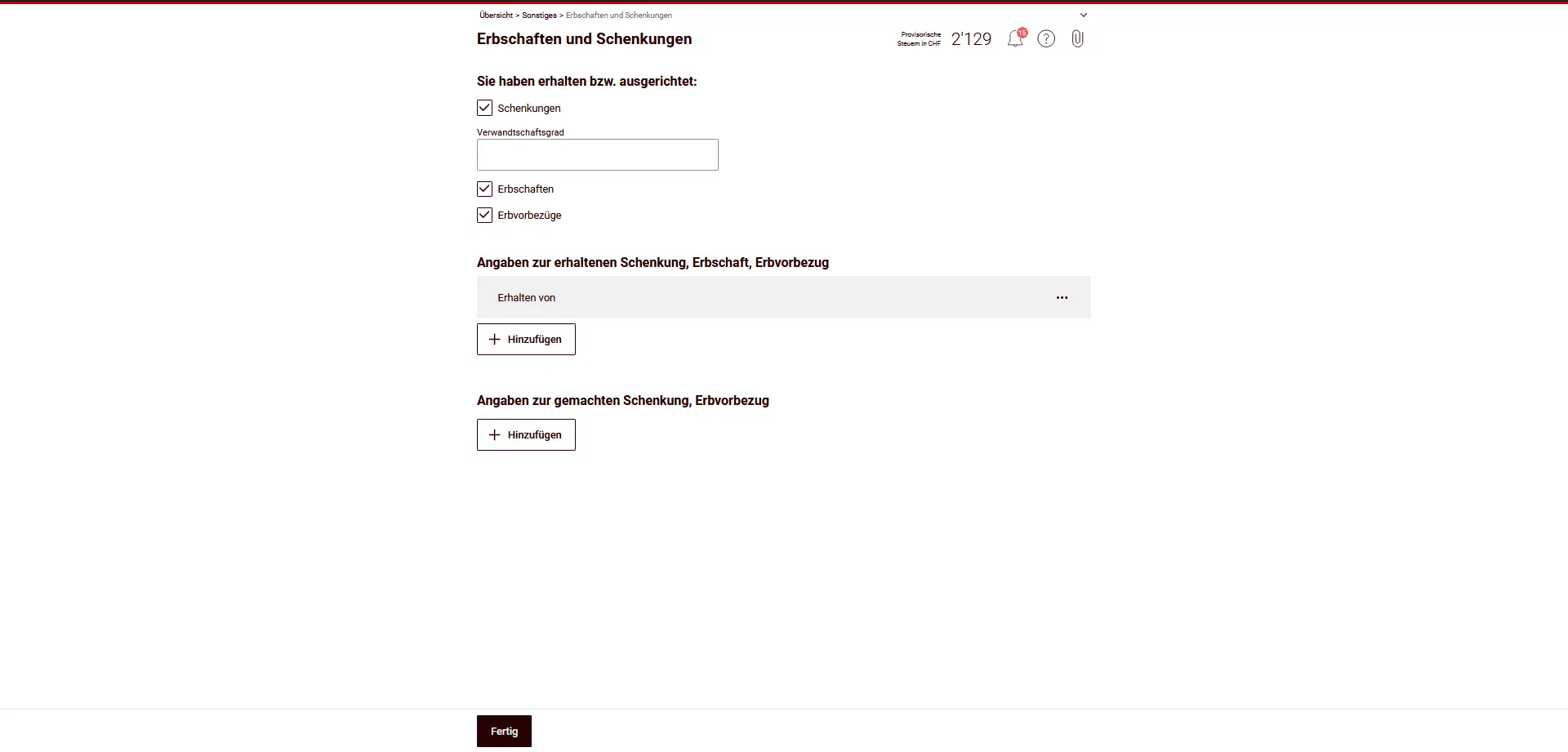 Aperçu des héritages et des donations avec sélection des prestations reçues ou faites