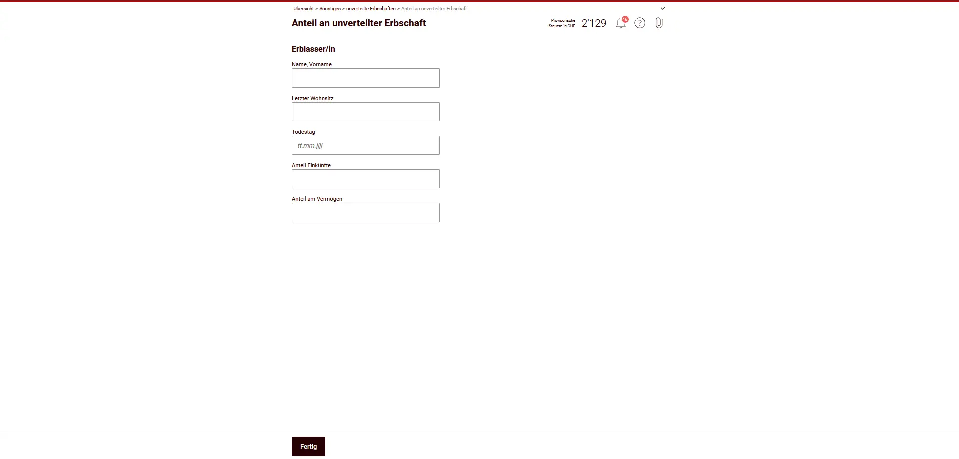 Formulaire pour la part d'un héritage non réparti avec les données du défunt