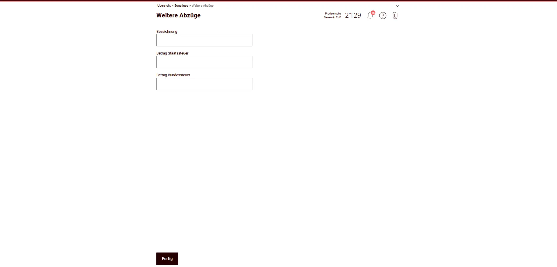 Formulaire pour les autres déductions avec des montants séparés pour l'impôt cantonal et l'impôt fédéral