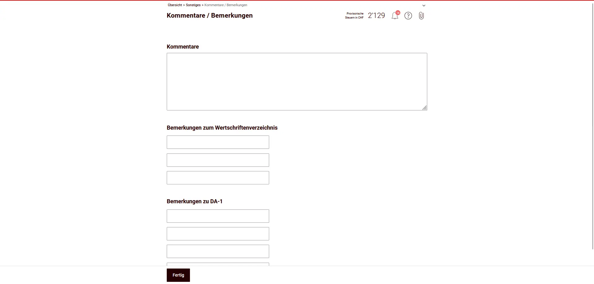 Champ de commentaires pour des remarques supplémentaires sur la déclaration d'impôts et l'état des titres