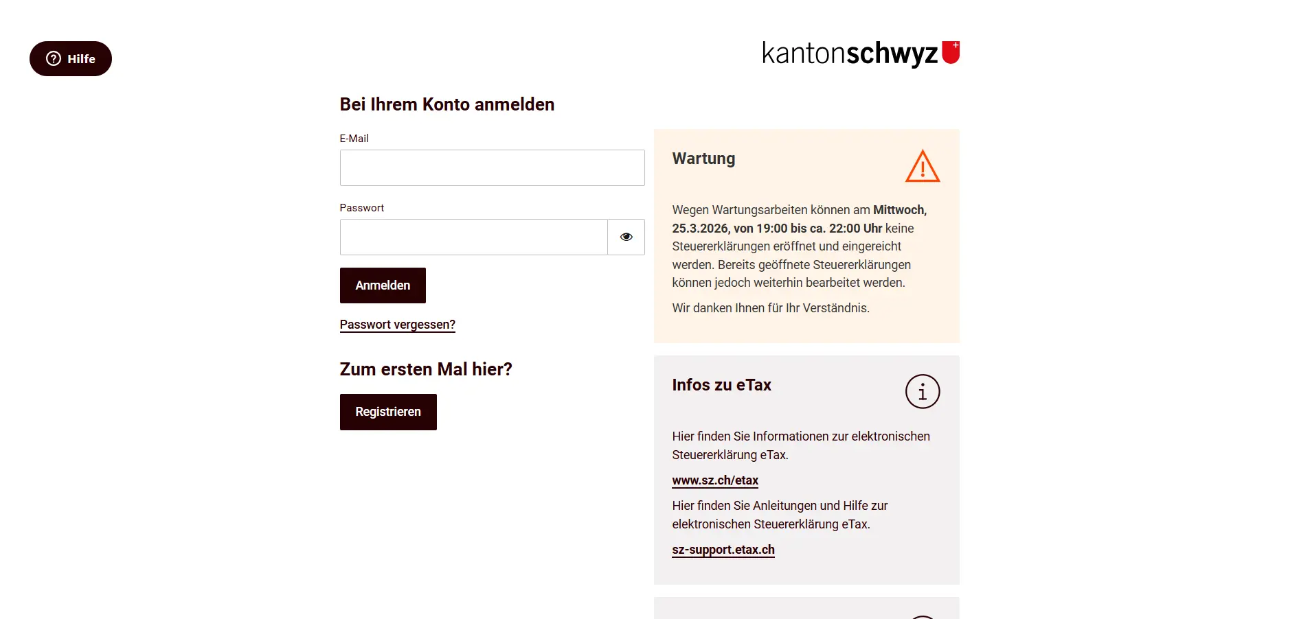 Schwyz canton login page with maintenance notice and registration option