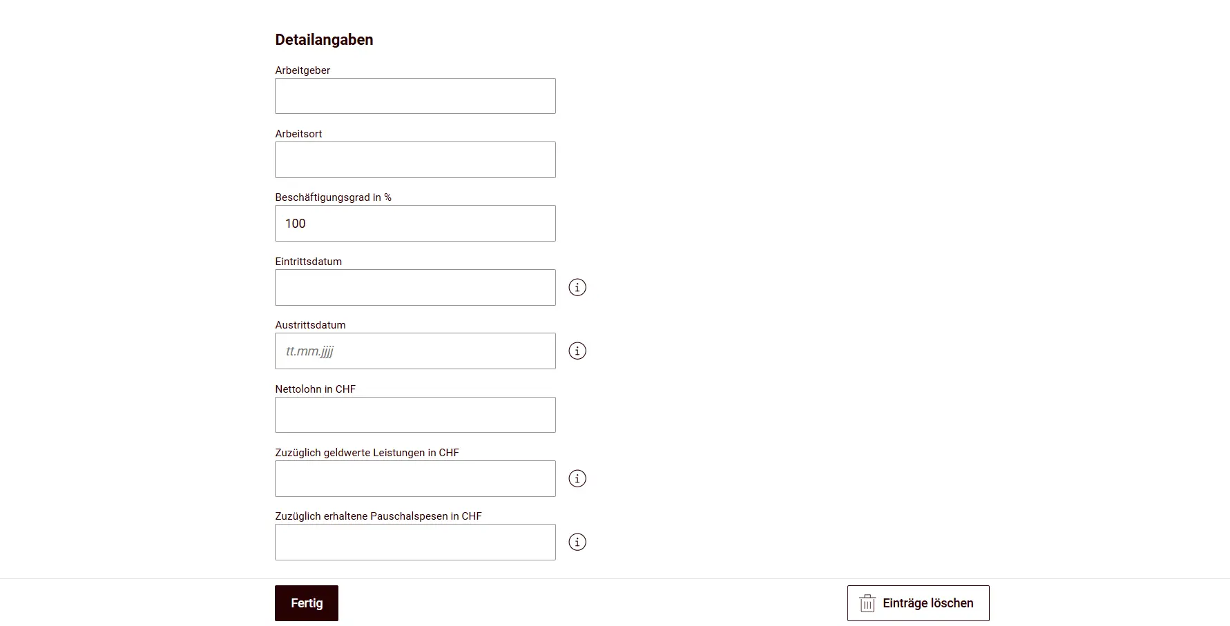 Employment details: employer, employment rate, net salary and flat-rate expenses