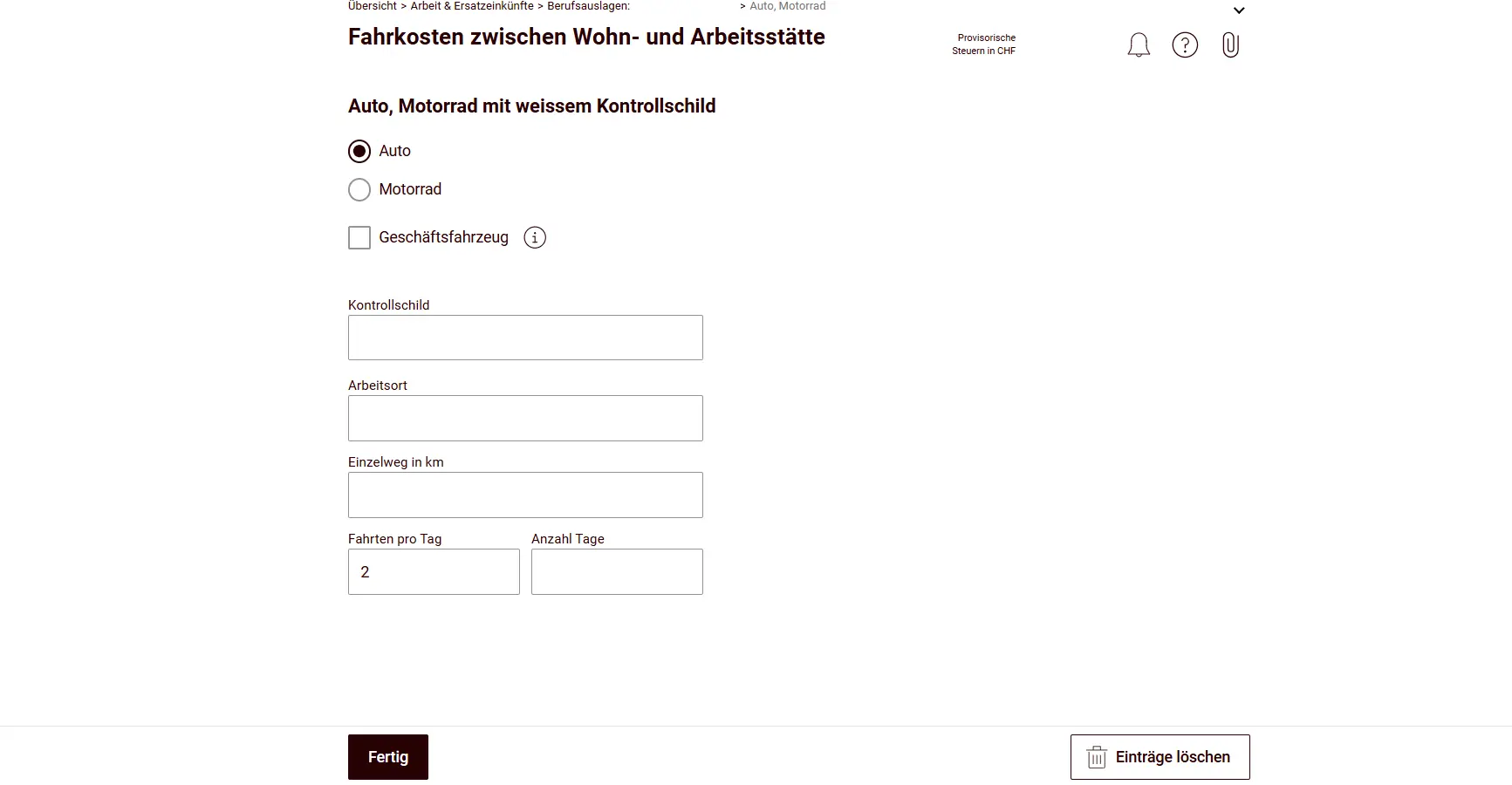 Entering car expenses: license plate, one-way distance in km and trips per day