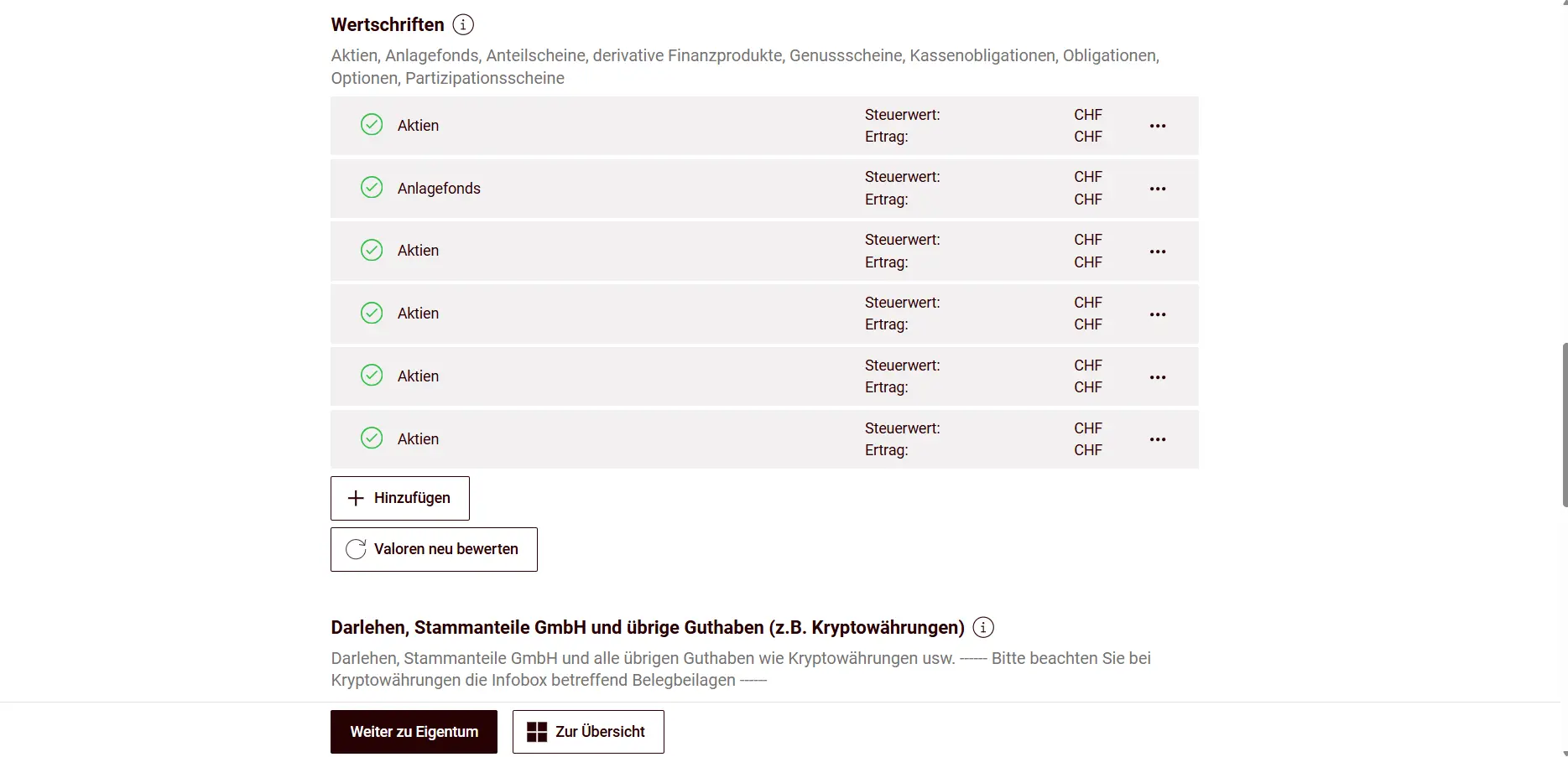 List of manually entered securities in the register