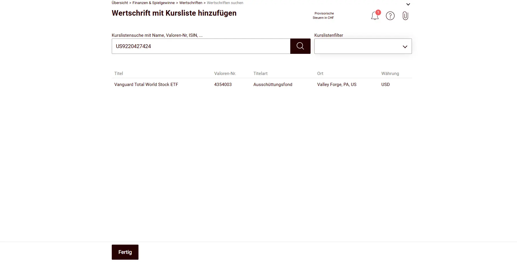 Searching for a security via ISIN in the price list