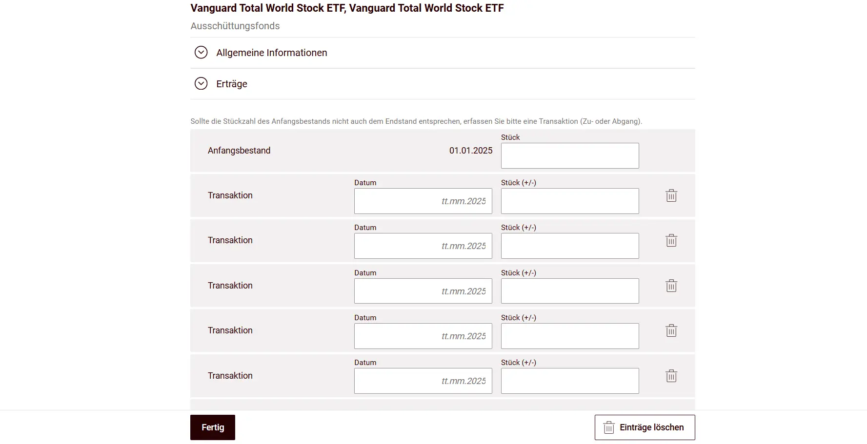 Entering buy and sell transactions for an ETF
