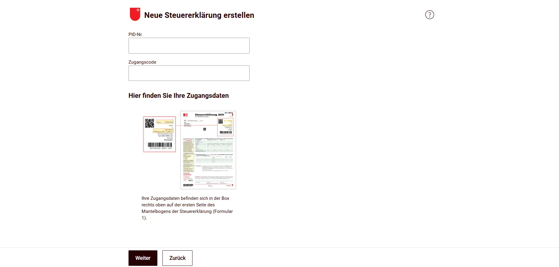 Creating a new tax return with PID number and access code
