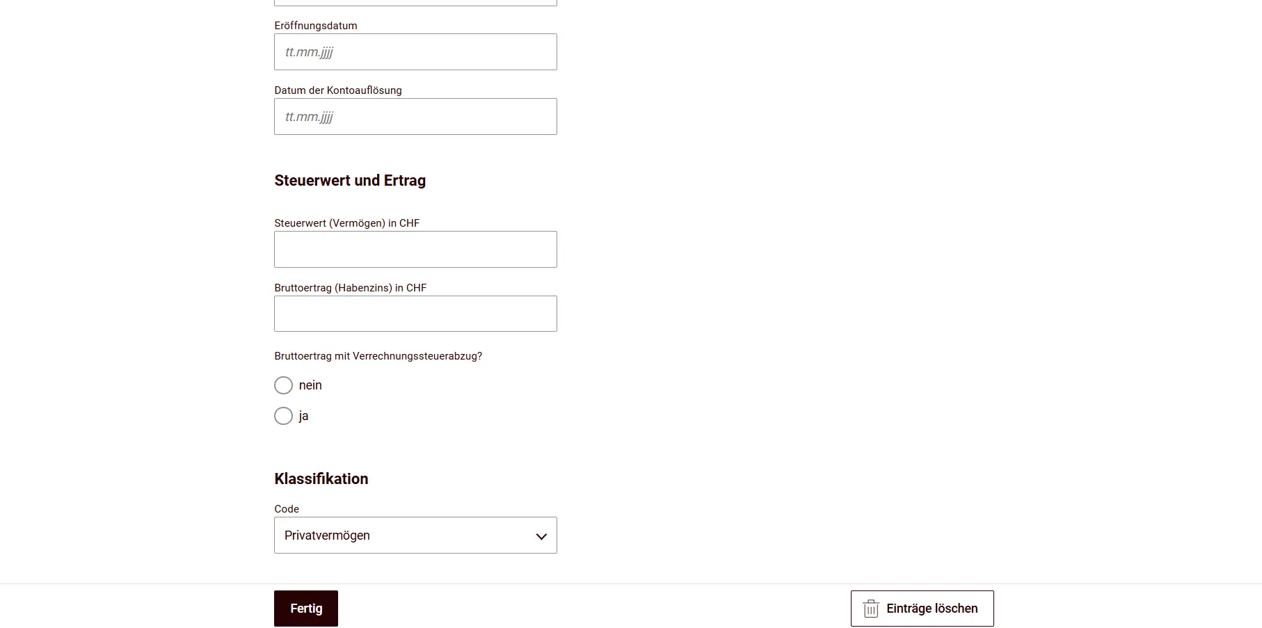 Account detail form with balance, interest income and withholding tax