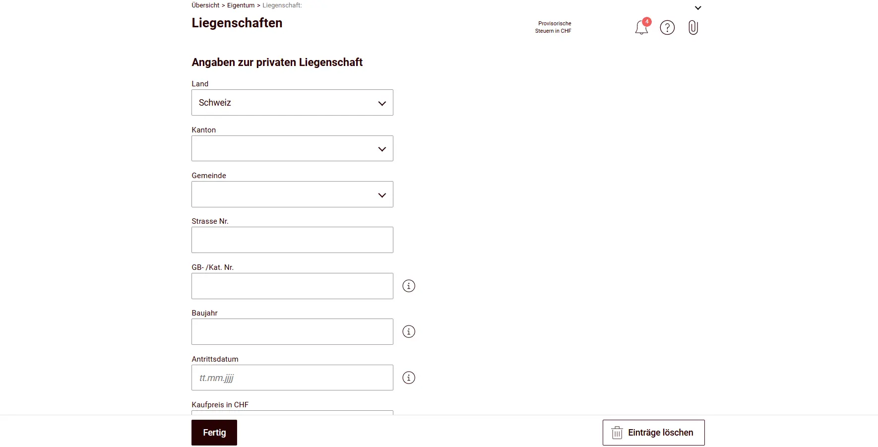 Basic data for a private property with canton, municipality, address and year of construction