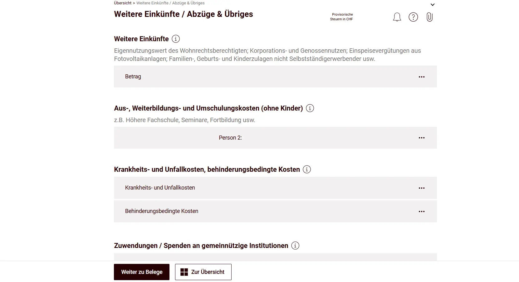 Additional Income / Deductions & Other tile with education costs and medical costs