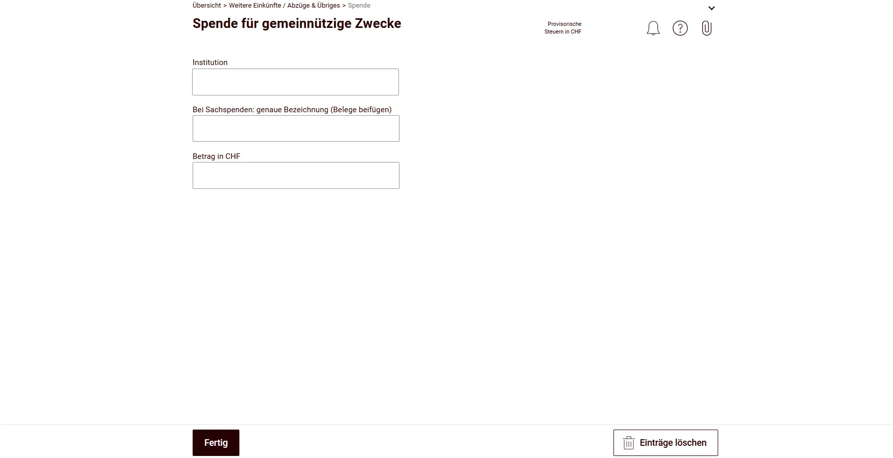 Entering a donation to a charitable institution with name and amount