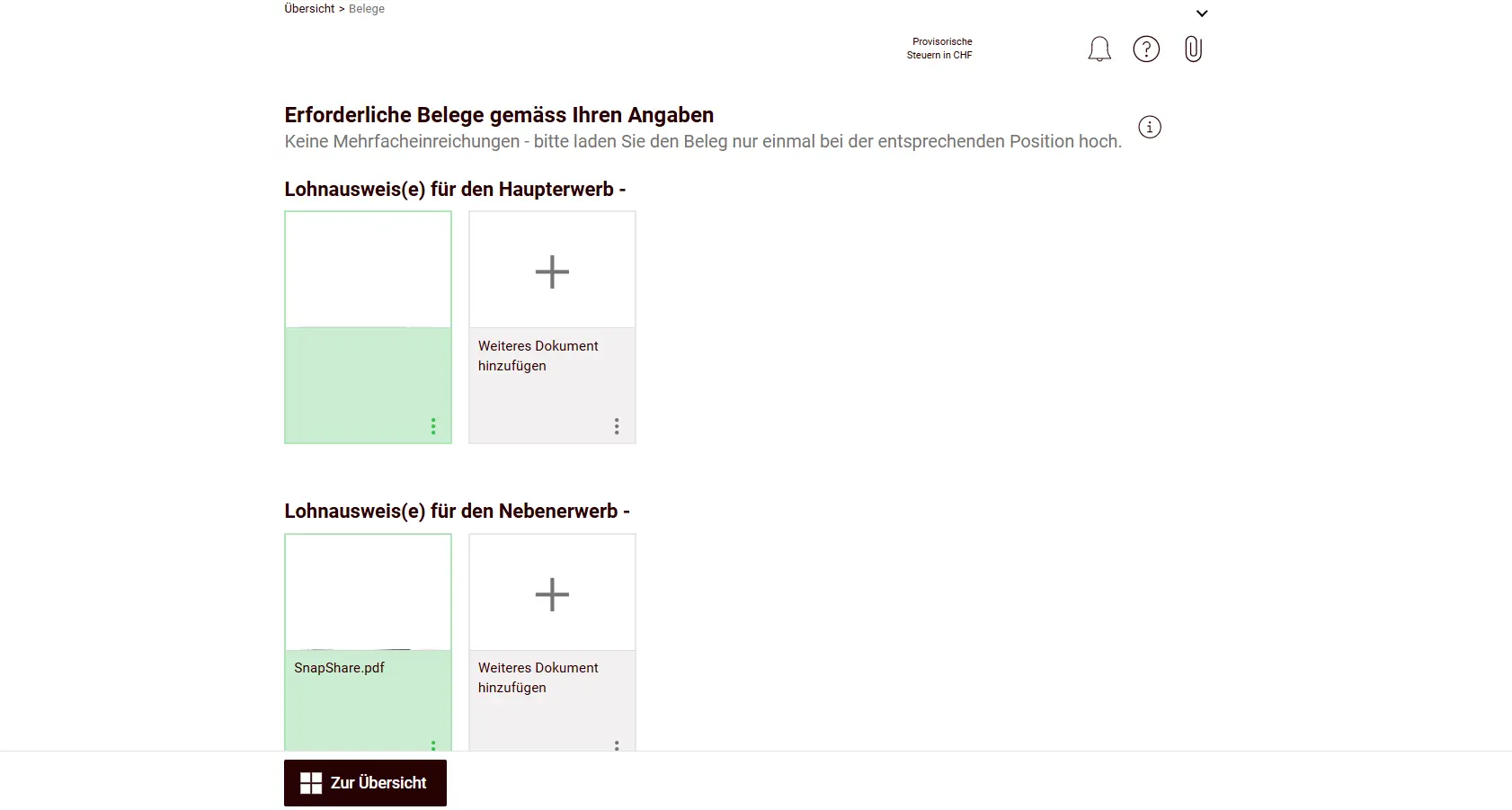 Overview of required documents with upload fields for salary certificates