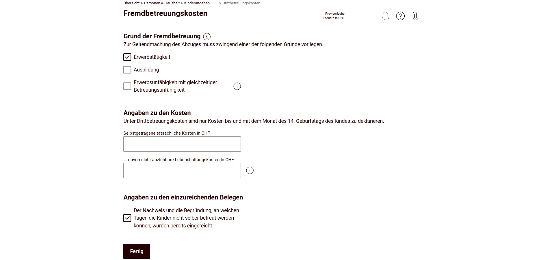 Entering external childcare costs with reason and supporting documents