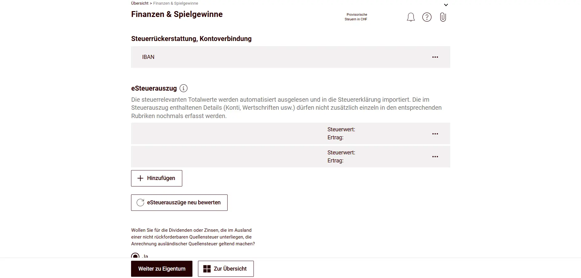Finances & Gambling Winnings tile with securities register and electronic tax statement import