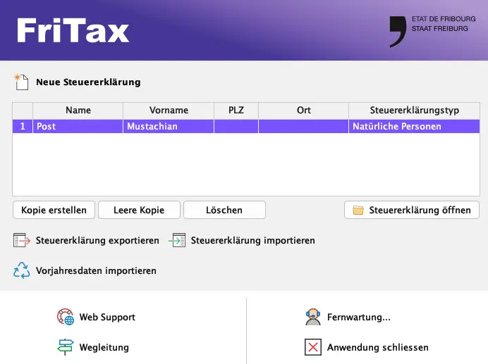 FriTax-Startseite zum Erstellen, Öffnen oder Importieren einer Freiburger Steuererklärung