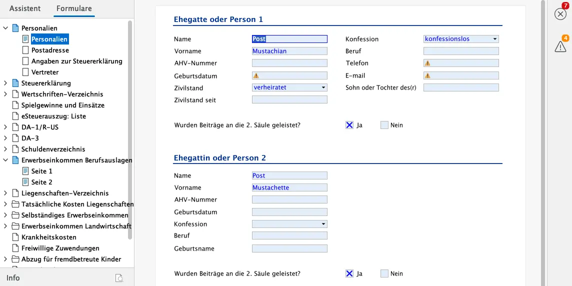Eingabe der Identität von Ehepartnern oder gemeinsam besteuerten Personen in FriTax (Name, Zivilstand, Religion)