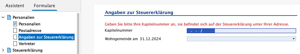 Angaben zur Steuererklärung in FriTax mit Kapitelnummer und Wohngemeinde