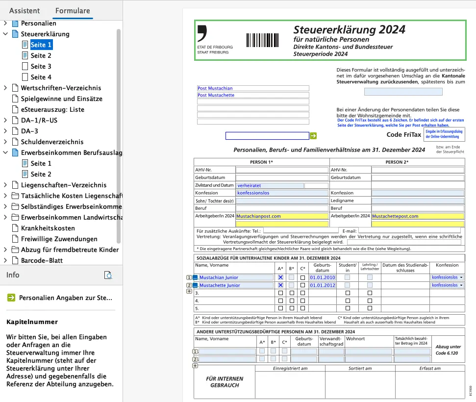Seite 1 der FriTax-Steuererklärung mit persönlicher Situation, Familienstand und unterhaltsberechtigten Kindern