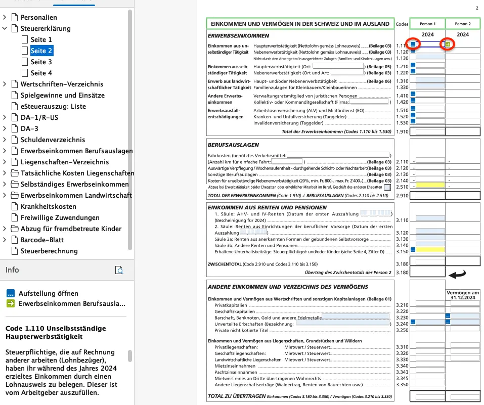 Überblick über Einkommen und Vermögen in der Schweiz und im Ausland in FriTax (Seite 2)
