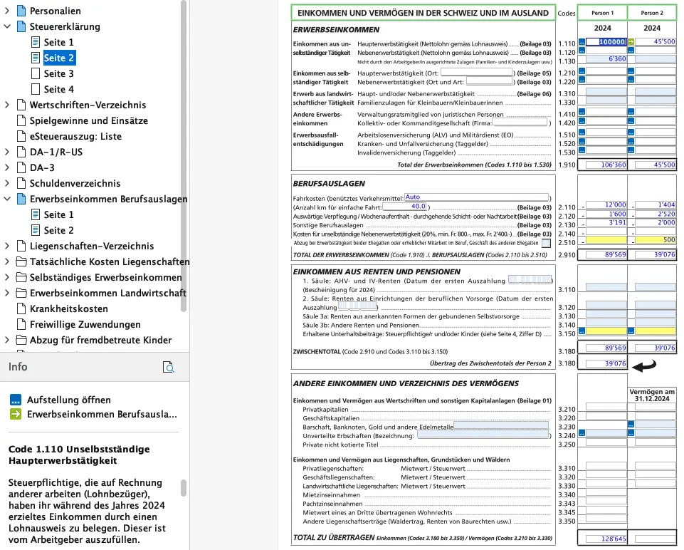 Zusammenstellung der Einkünfte, Gewinnungskosten und Renten in der FriTax-Steuererklärung