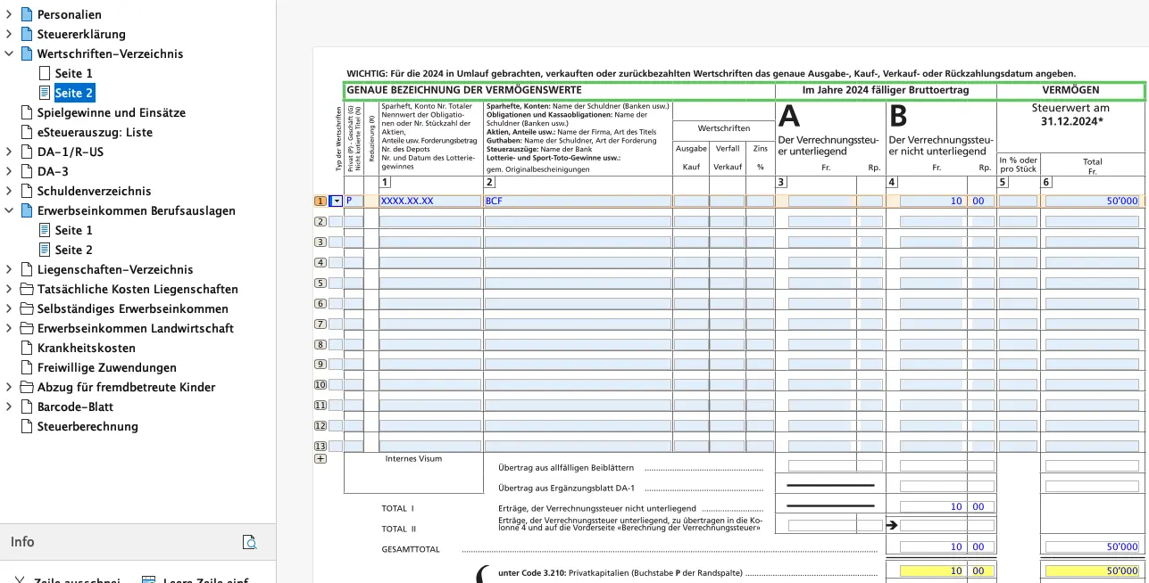 Aufstellung der Wertpapiere in der FriTax mit Kapitalerträgen und steuerpflichtigem Vermögen