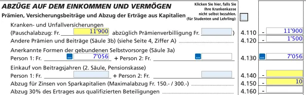 Einkommens- und Vermögensabzüge in FriTax: Versicherungsprämien, 3. Säule und Kapitalzinsen