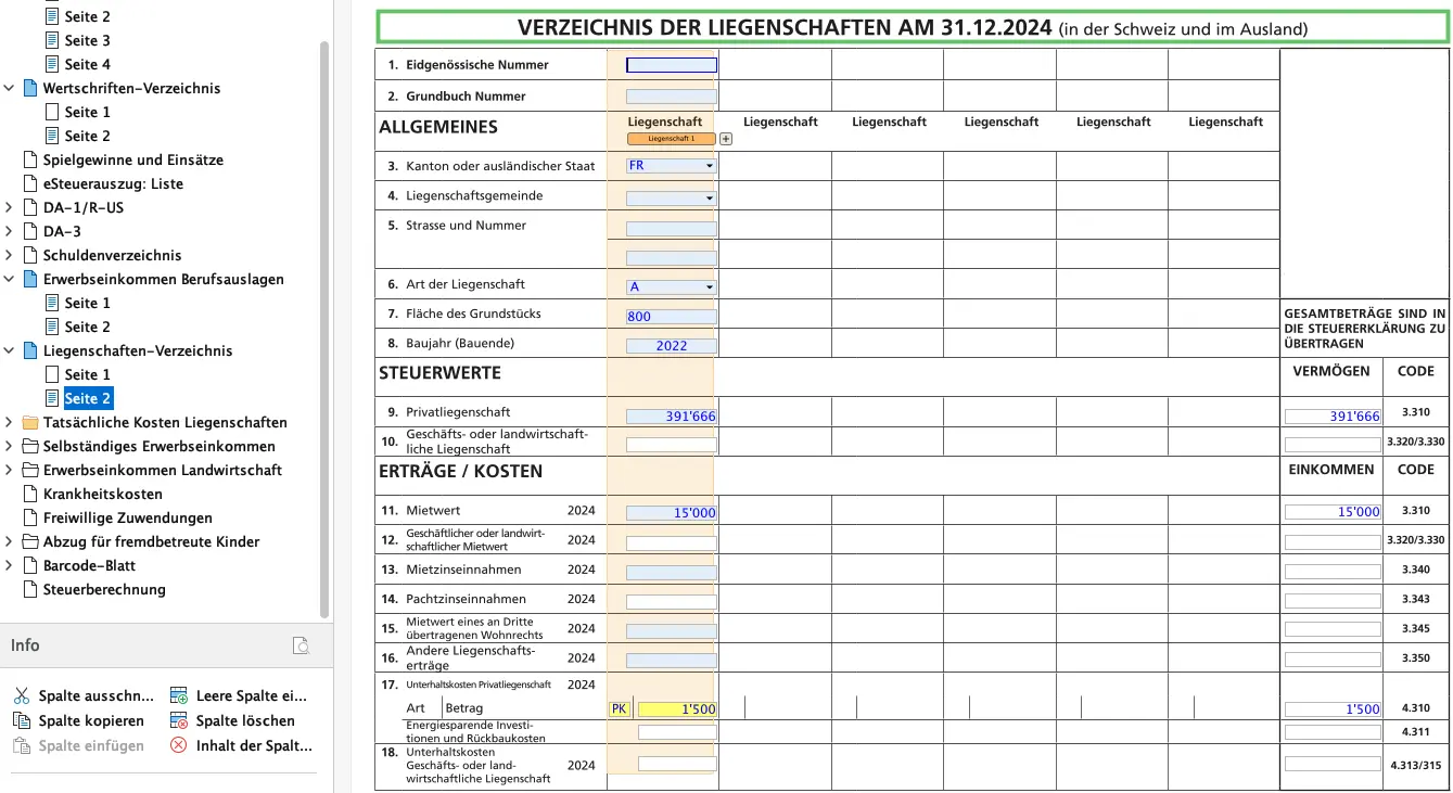 Stand der Liegenschaften am 31. Dezember in FriTax mit Steuerwerten und Liegenschaftserträgen