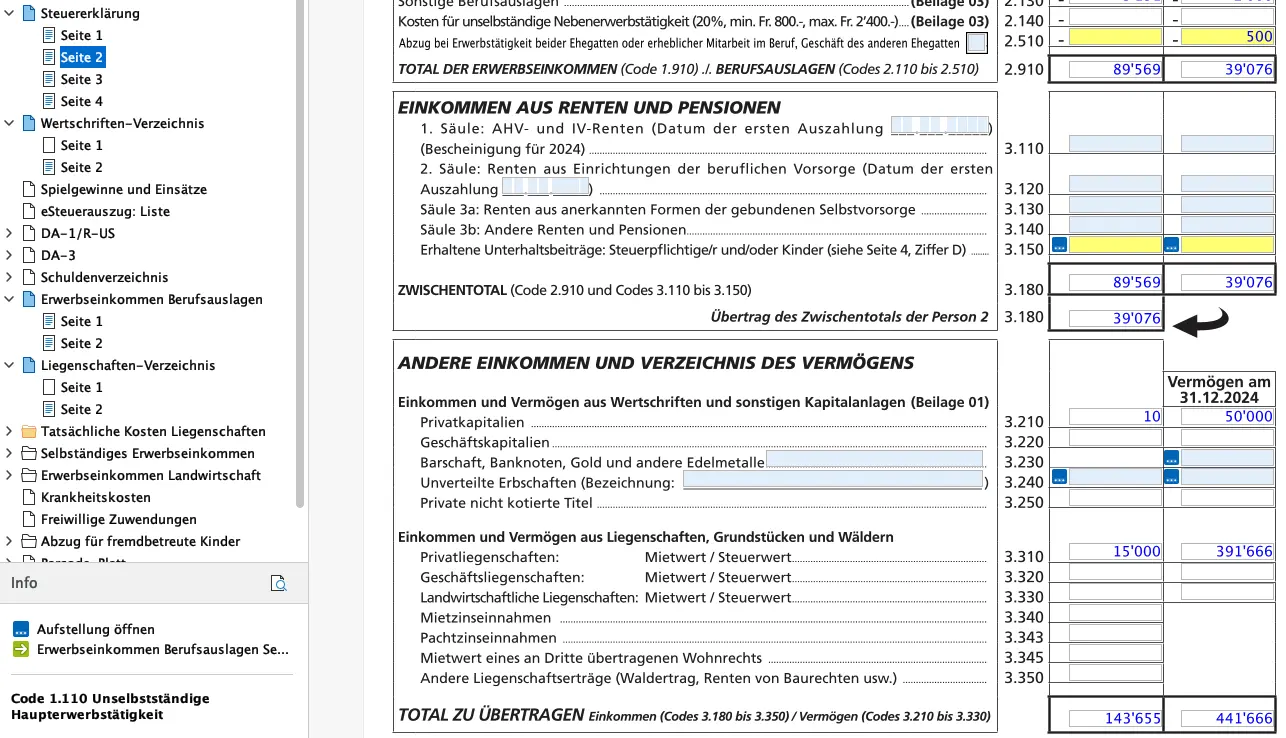 Zusammenstellung der Renten, Pensionen und anderen Einkünfte mit Vermögensaufstellung in FriTax